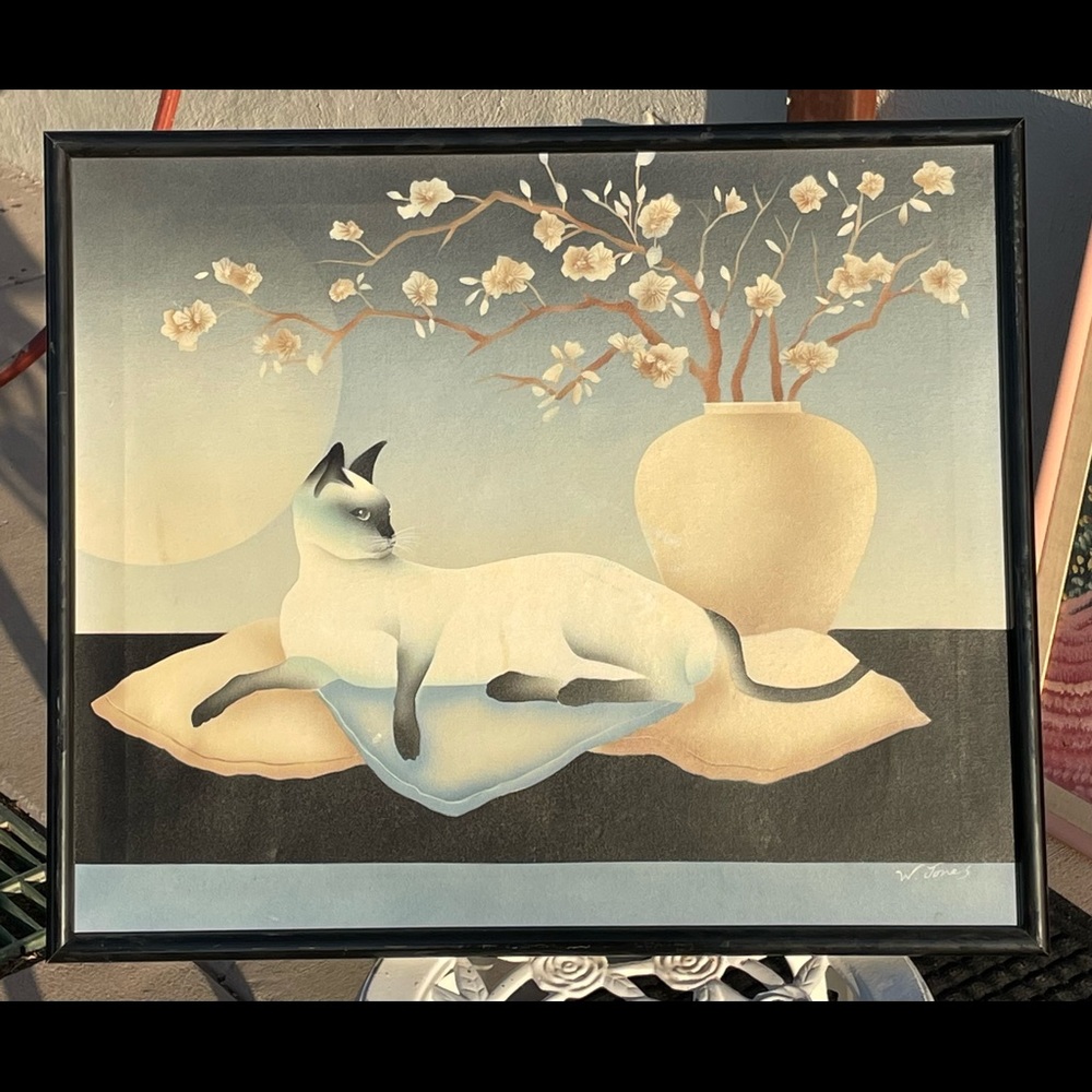 Antique handmade cat painting with frame by W. Jones